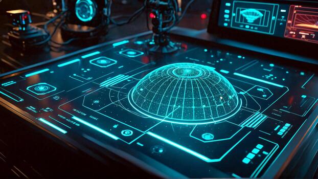 Futuristic holographic interface displays global data on a high tech command console, projecting advanced technology and complex network analysis for strategic decision making. photo