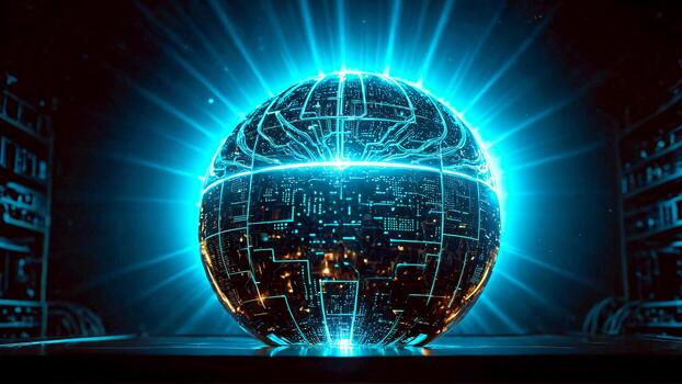 Experience the future with this stunning glowing digital sphere, representing global connection and advanced technology. photo
