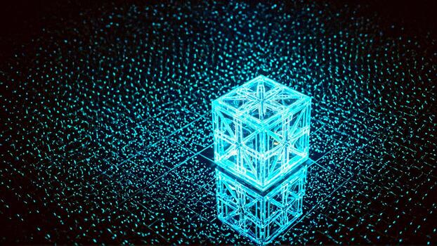 Experience futuristic innovation with a glowing geometric cube on a digital grid, representing abstract data and complex systems in a vibrant blue. photo