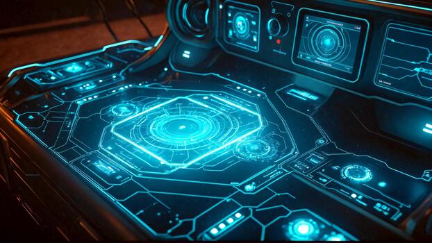 Futuristic holographic interface glowing with vibrant blue digital data streams and complex geometric patterns in a dark, high-tech environment photo