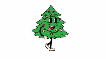 tecknad serie jul träd karaktär med lampor och stövlar. gående slinga animation. alfa kanal genomskinlighet video