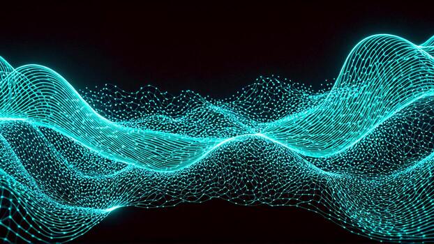 Dynamic glowing digital wave network with interconnected points creating a futuristic abstract flow photo