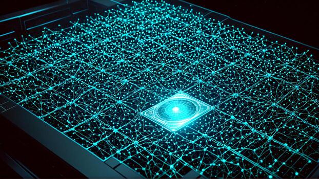 Dynamic glowing neural network visualization with central glowing processor, representing artificial intelligence and complex data processing. photo