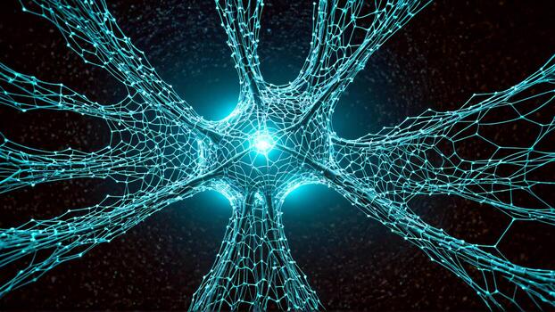 Luminous neural network with glowing synapse connections pulsing with energy, representing data transfer and complex thought processes in a futuristic digital realm. photo