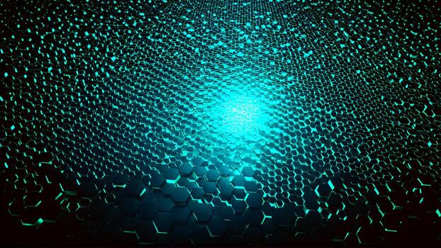 Dynamic hexagonal grid with vibrant blue light radiating from center, creating a futuristic, tech-inspired abstract background for modern digital concepts photo