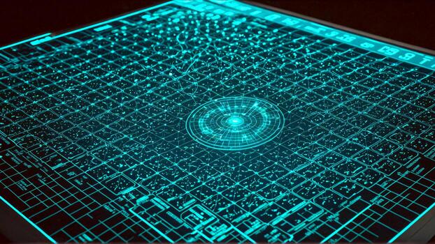 Futuristic glowing holographic navigation display in a dark control room showing complex data streams and intricate star maps photo