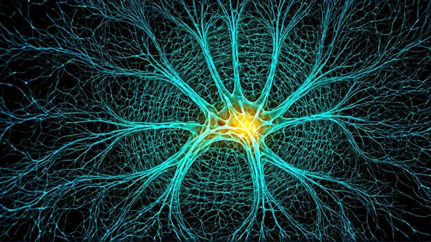 vibrante neural red brilla con brillante amarillo energía a sus centro, simbolizando pensamiento, conexión, y innovación en un oscuro, resumen espacio. foto