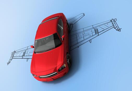 concept of fast cars red car with the silhouette of an airplane on the gradient floor 3d rendering photo