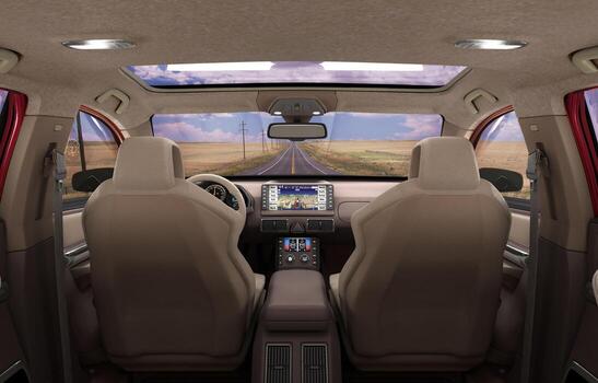 Front view dashboard of modern brand new car with road in the windows 3d render photo