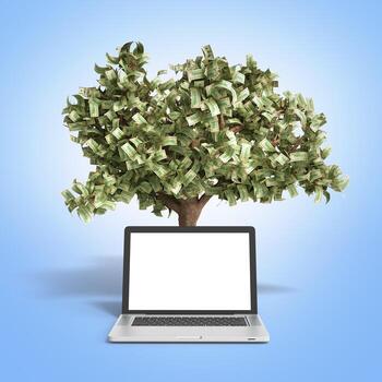 Black empty screen pc with money tree on gradient background 3d render Success knowlage concept photo