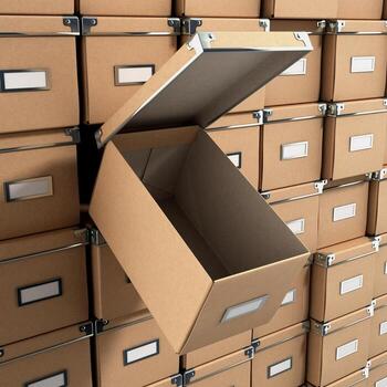 organization ofice boxes as background with one open empty box photo