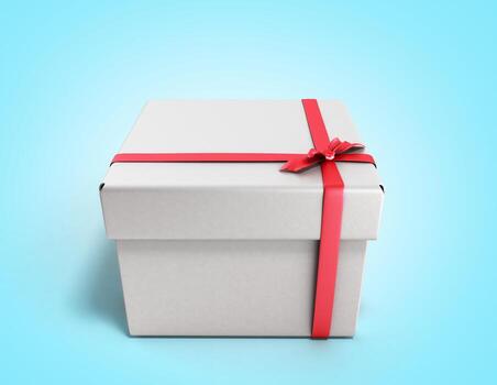 White Square Gift Box with Red Ribbon and Bow 3d render on gradient Background photo