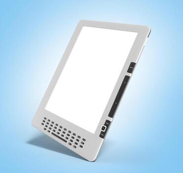 blank E-book reader 3d render image on on blue gradient photo