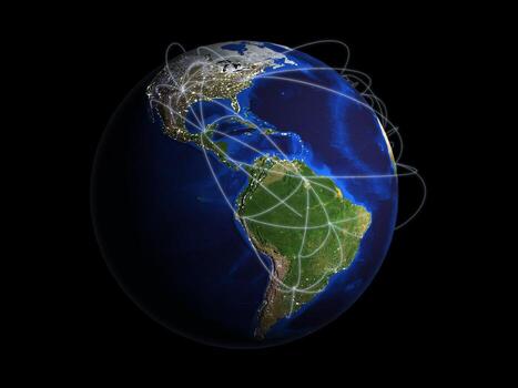 concept of travel and transportation Network connection technology Land with air transport routes 3d render on black background photo