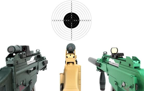 three machine look at the goal and the concept of offensive attacks 3d render on a white photo