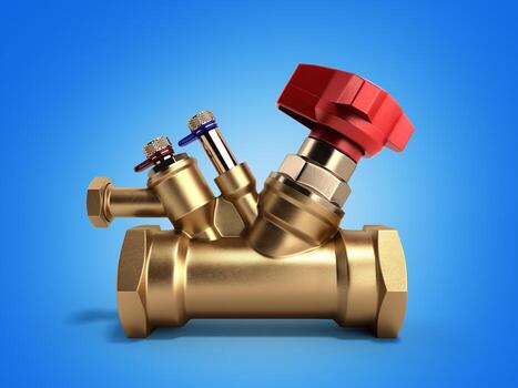 Balancing valve with drain for plumbing 3D rendering on a gradient background photo