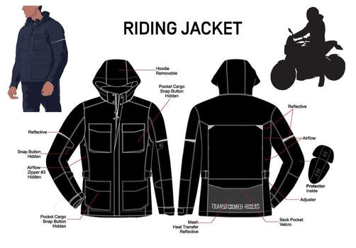 Flat sketch of riding jacket design with technical drawing details. Motorcycle jacket with reflective panels, cargo pockets, airflow zippers, and removable hoodie. Perfect for apparel CAD template. vector
