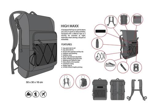 Modern backpack design with technical drawing details. Stylish roll top bag with multifunctional pockets, mesh panel, and utility features. Perfect for fashion CAD, apparel, and accessories template. vector