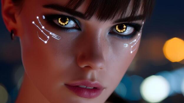 hembra con brillante circuitos y futurista cara pintar foto