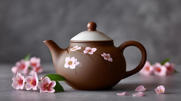 un agraciado arcilla tetera presentando un frágil Cereza florecer modelo. foto