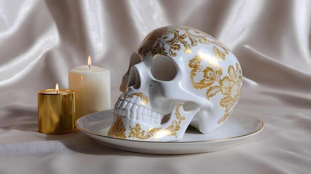 florido porcelana cráneo con oro patrones en un lujo todavía vida ajuste foto