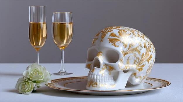 florido porcelana cráneo con dorado patrones en un lujoso todavía vida mostrar. foto