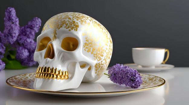 Porcelain skull with gold patterns in a luxurious still life photo