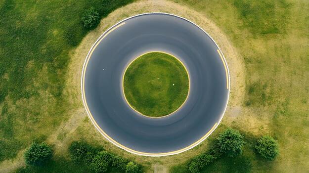 Aerial View of Circular Intersection with Roundabout Sign Overlay photo