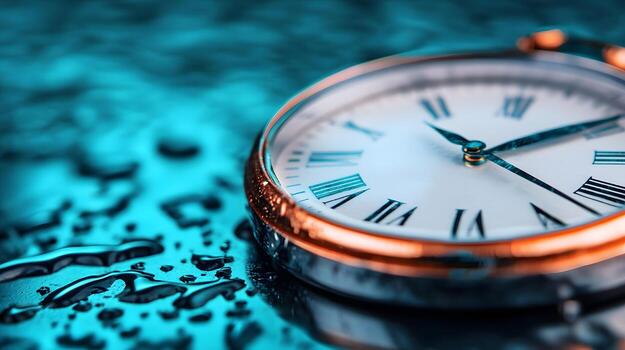 Analog Clock Reflection on Desk Symbolizing Time Management and Productivity in Business photo