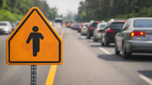 Merge Lane Sign Layered with Traffic Merging on Highway, Isolated on White Background photo