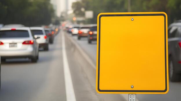 Merge Lane Sign Overlaid on Busy Highway Traffic Merging Commute photo