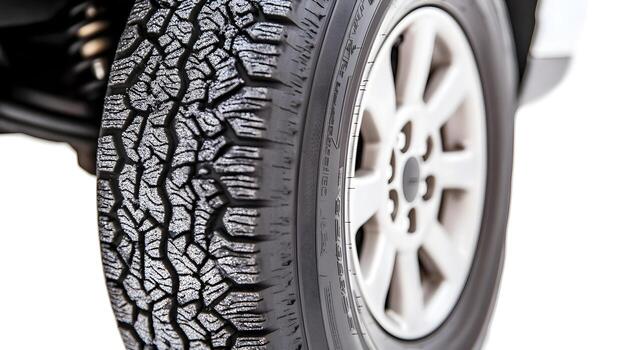 Well-Maintained Clean and Shiny Automotive Tire with Even Tread Depth on White Background photo