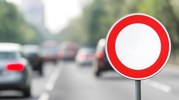 Circular Speed Limit Sign Blended with Blurred Moving Vehicles Isolated on White Background,Road photo