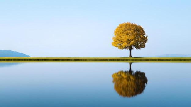 Lone Tree Reflected in Tranquil Pond,Symbolizing Stability and Rooted Values photo