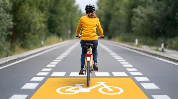 Cyclist Riding on Dedicated Bicycle Lane with Distinctive Signage and Pavement Markings photo