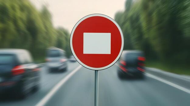 Circular Speed Limit Sign Blended with Blurred Moving Vehicles on the Road photo