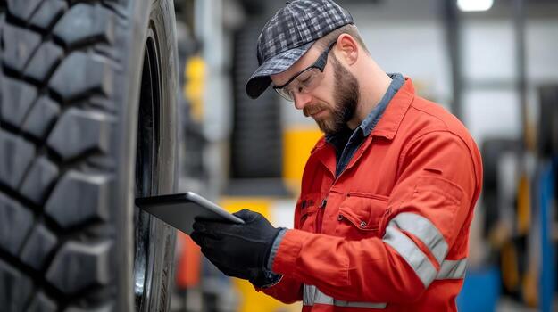 Mechanic Measuring Tire Pressure and Logging Data on Digital Tablet in Automotive Workshop photo