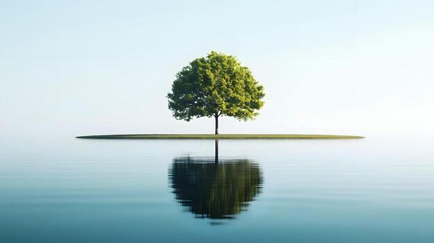 Lone Tree Reflected in Tranquil Pond,Symbolizing Stability and Rooted Values in Business photo