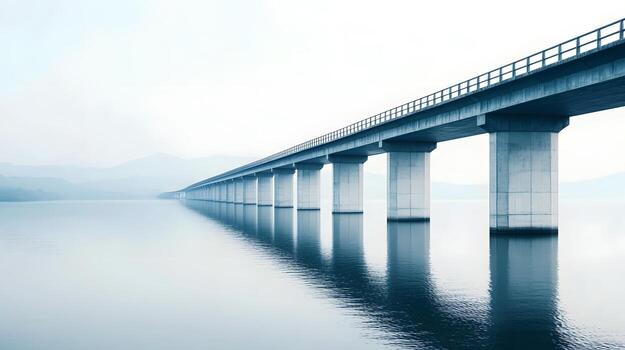 Serene Bridge Road Merging with Calm Water Reflections,Symbolizing Connections and Crossing photo