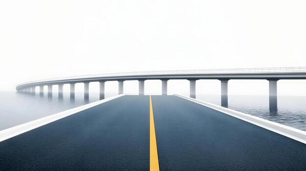 Connecting Pathways Bridge Road Merging with Tranquil Water Reflections photo