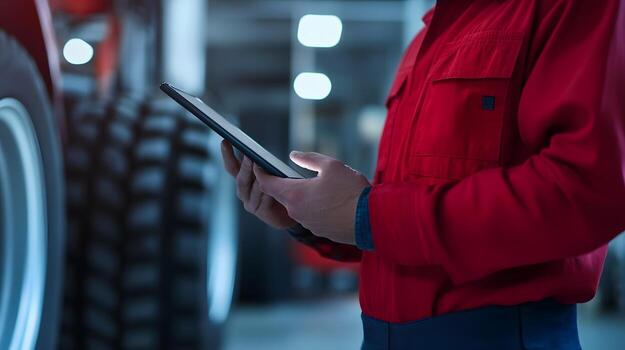 Mechanic Using Digital Tablet to Measure Tire Pressure and Log Maintenance Data photo