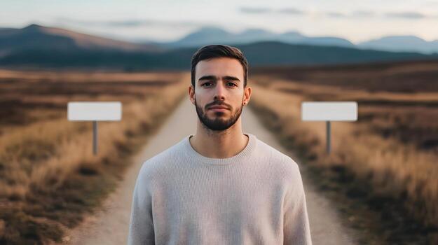 Man Standing at Crossroads with Mirrored Signs Symbolizing Strategic Decision-Making photo