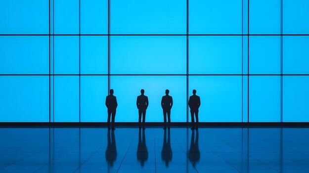 Corporate Team Reviewing Digital Performance Metrics on Reflective Screen photo