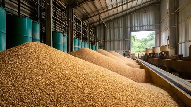 Rice Mill with Piles of Harvested Grains Processed into Polished Rice photo