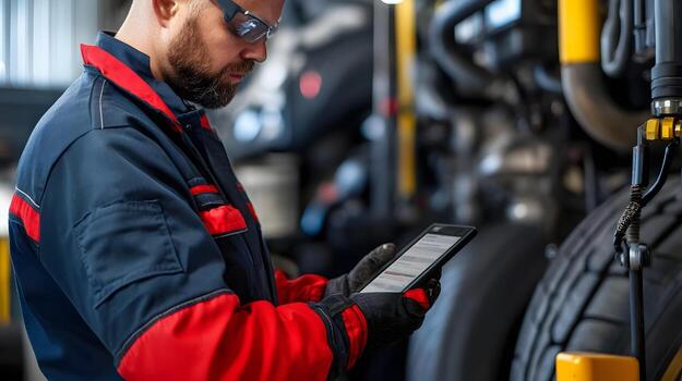 Mechanic Utilizing Digital Tool to Measure Tire Pressure and Log Data on Tablet for Efficient Tire photo