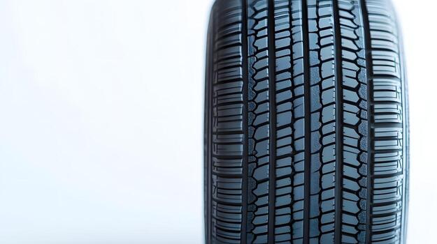 Well-Maintained Automotive Tire with Uniform Tread Depth and Shiny Surface on White Background photo