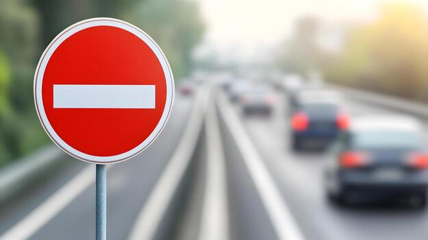 Circular Speed Limit Sign Blended with Blurred Moving Vehicles Isolated on White photo