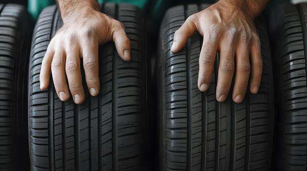 Mechanic Rotating Tires in Workshop Highlighting Tire Wear Importance and Preventative Maintenance photo