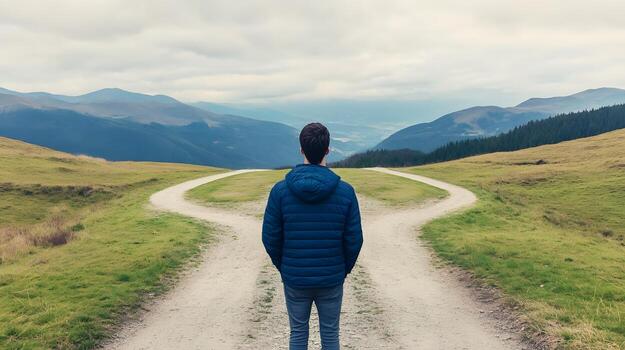 Crossroads of Choices A Person Stands at the Intersection of Alternate Paths in a Serene Landscape photo