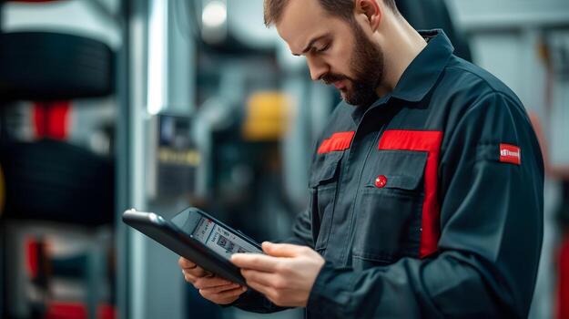 Mechanic Using Digital Tool to Measure Tire Pressure and Log Data on Tablet photo